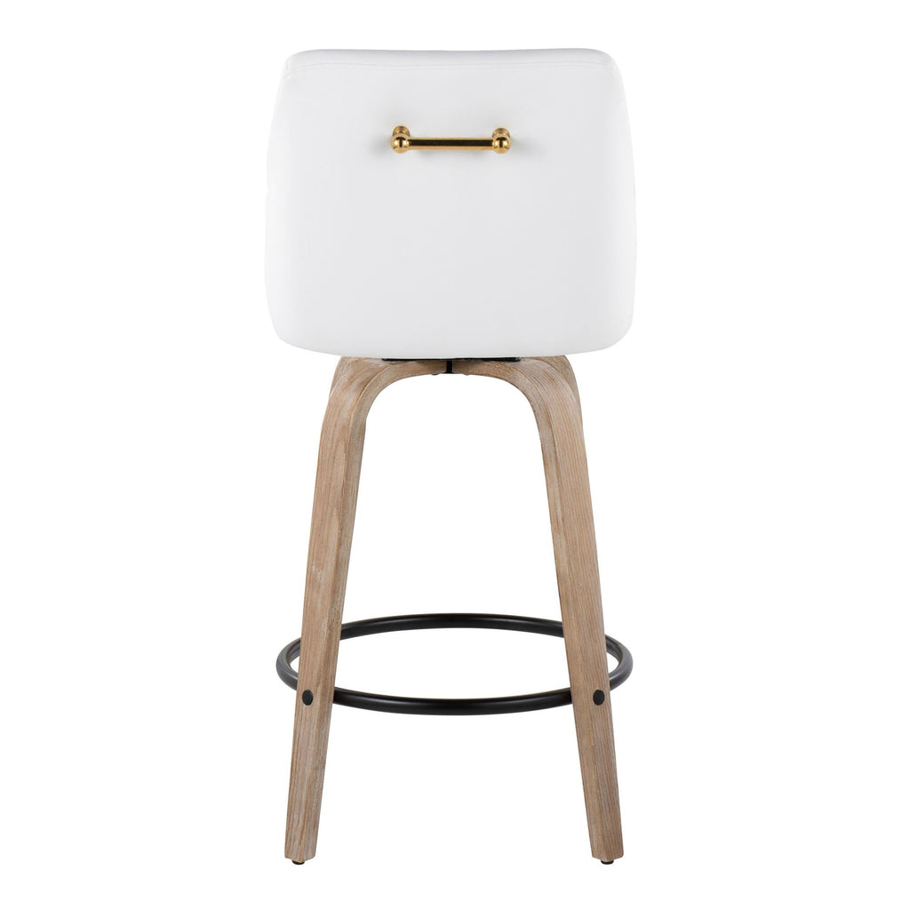 Hannah 26" Fixed-Height Counter Stool - Set of 2 - Whitewashed Wood, White PU, Gold Metal, Black Metal