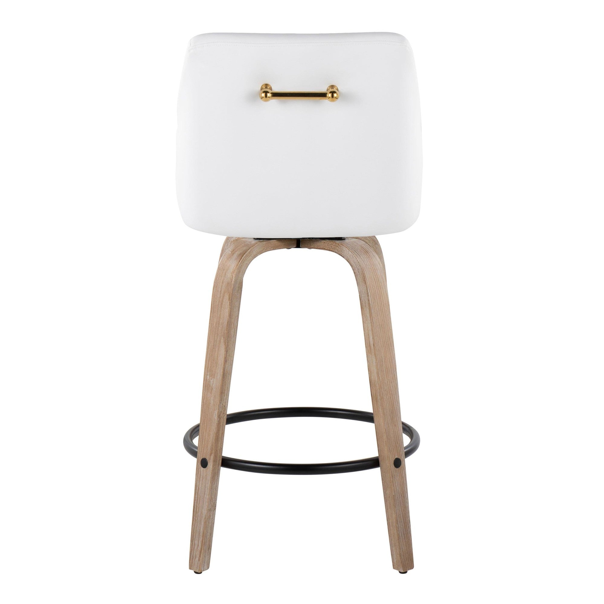 Hannah 26" Fixed-Height Counter Stool - Set of 2 - Whitewashed Wood, White PU, Gold Metal, Black Metal