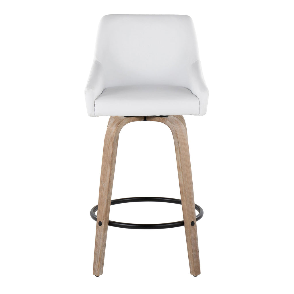 Hannah 26" Fixed-Height Counter Stool - Set of 2 - Whitewashed Wood, White PU, Gold Metal, Black Metal