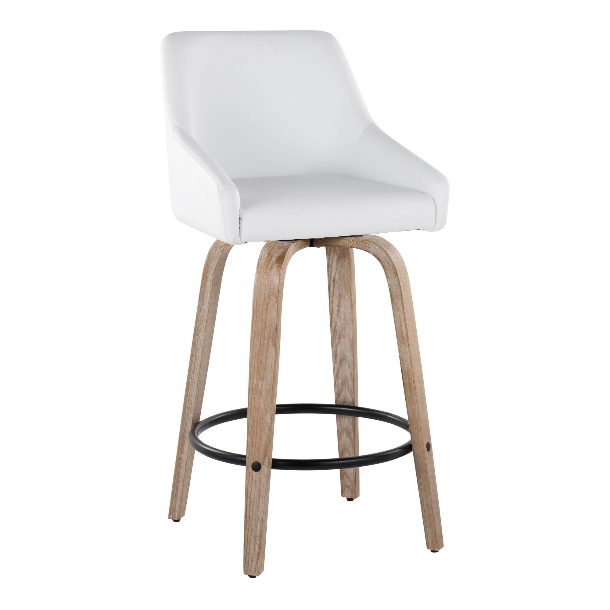 Hannah 26" Fixed-Height Counter Stool - Set of 2 - Whitewashed Wood, White PU, Gold Metal, Black Metal