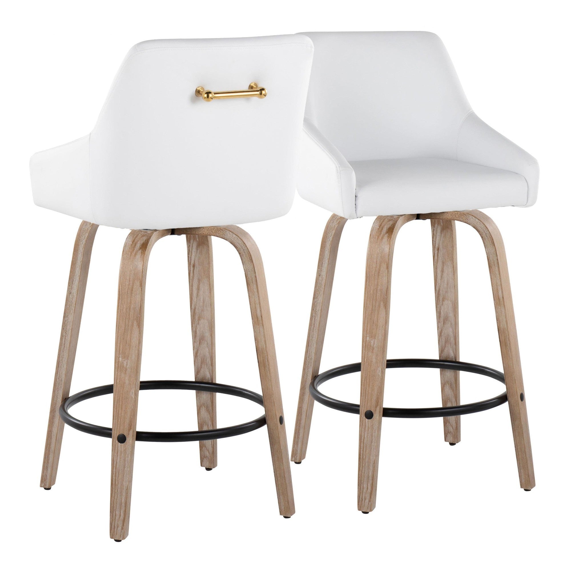 Hannah 26" Fixed-Height Counter Stool - Set of 2 - Whitewashed Wood, White PU, Gold Metal, Black Metal