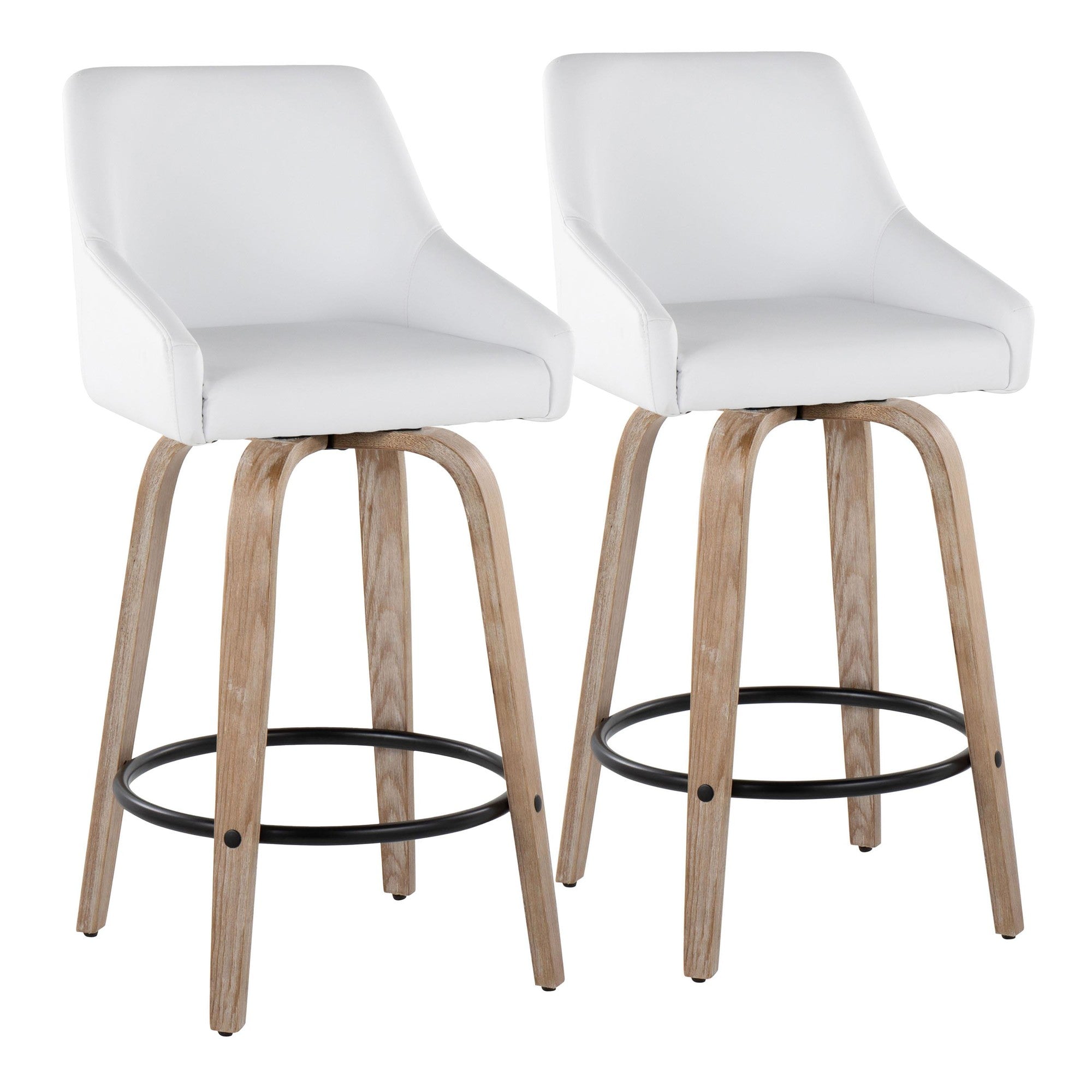 Hannah 26" Fixed-Height Counter Stool - Set of 2 - Whitewashed Wood, White PU, Gold Metal, Black Metal