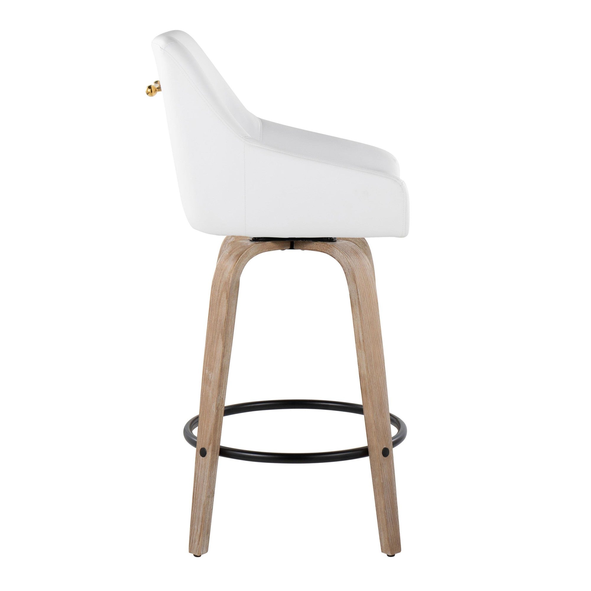 Hannah 26" Fixed-Height Counter Stool - Set of 2 - Whitewashed Wood, White PU, Gold Metal, Black Metal