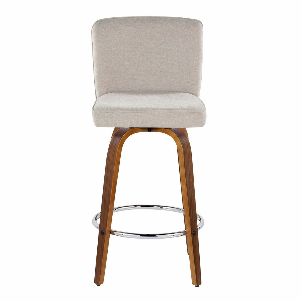 Henry 26" Fixed-Height Counter Stool - Set of 2 - Walnut Wood, Beige Fabric, Chrome Metal