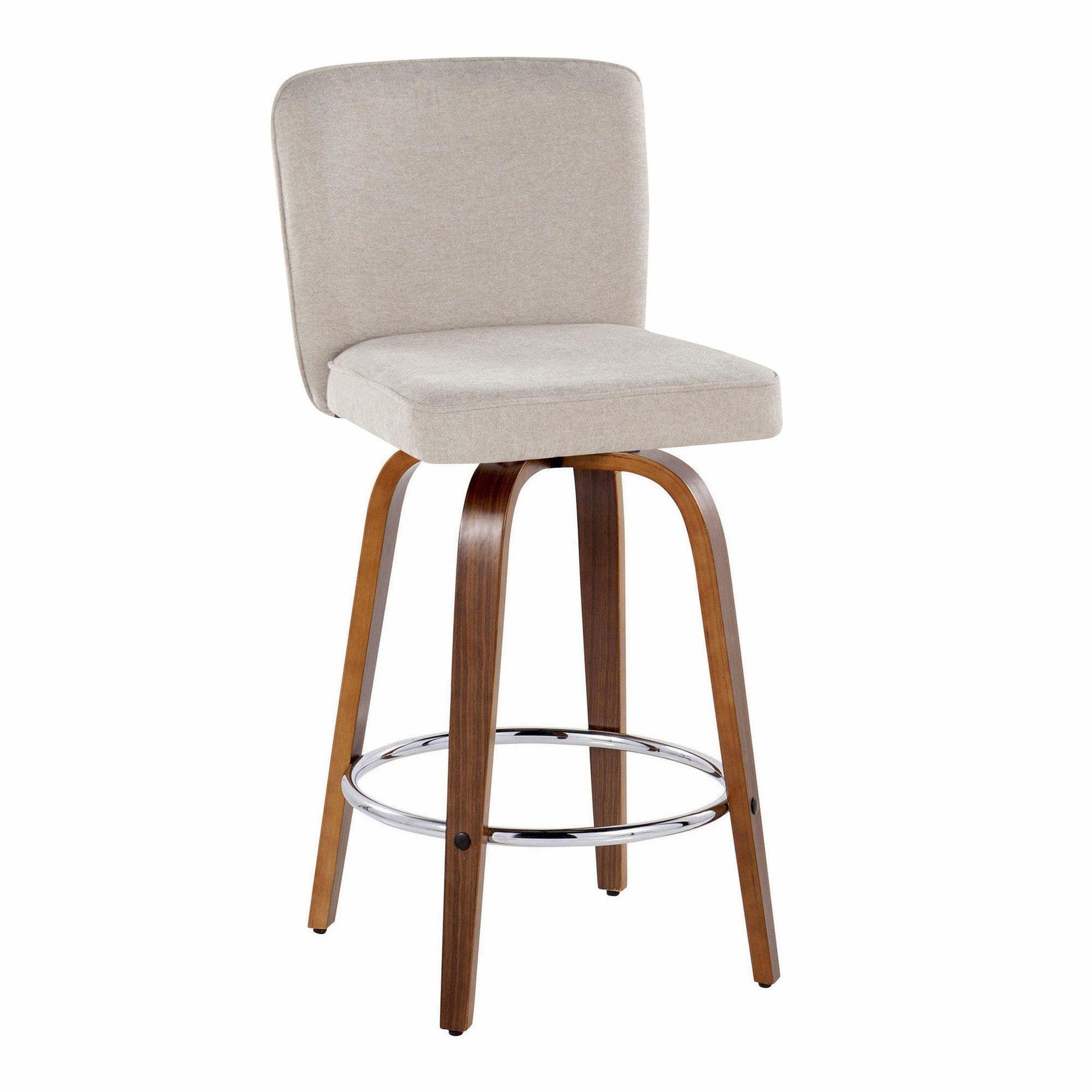 Henry 26" Fixed-Height Counter Stool - Set of 2 - Walnut Wood, Beige Fabric, Chrome Metal