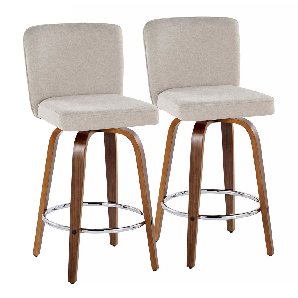 Henry 26" Fixed-Height Counter Stool - Set of 2 - Walnut Wood, Beige Fabric, Chrome Metal