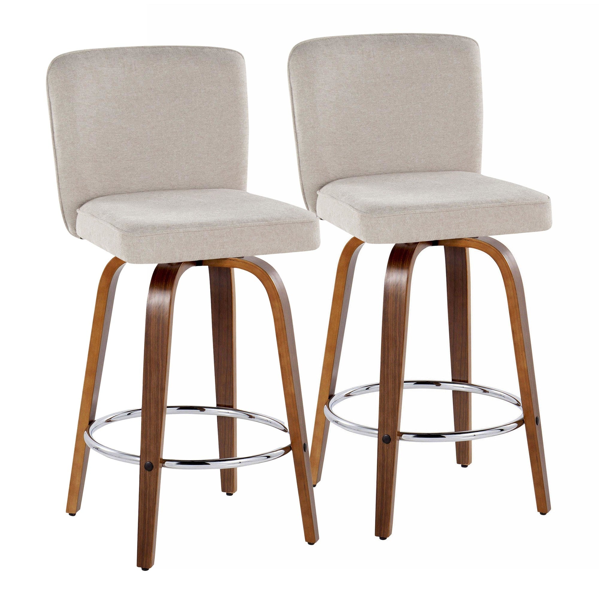 Henry 26" Fixed-Height Counter Stool - Set of 2 - Walnut Wood, Beige Fabric, Chrome Metal
