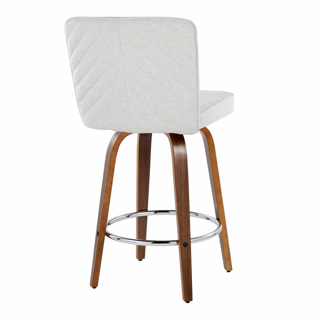 Henry 26" Fixed-Height Counter Stool - Set of 2 - Walnut Wood, White Fabric, Chrome Metal
