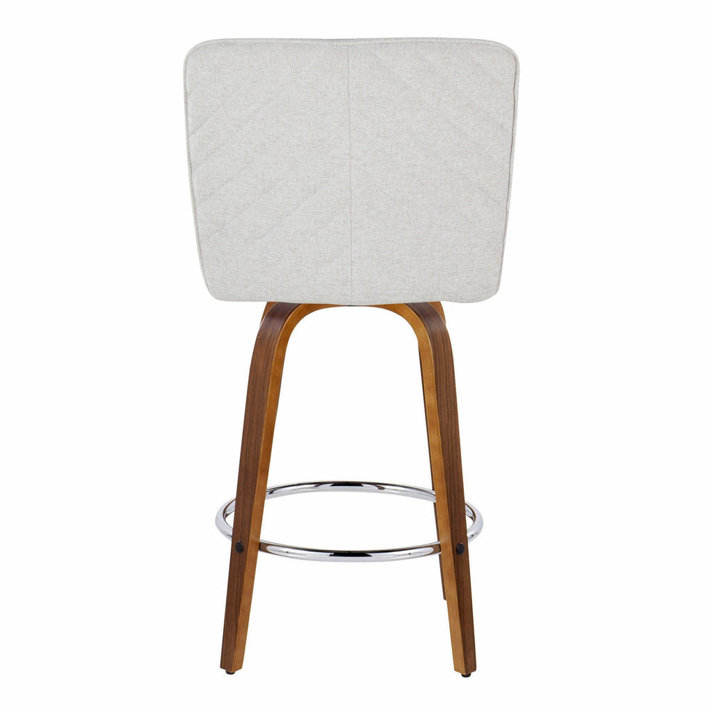 Henry 26" Fixed-Height Counter Stool - Set of 2 - Walnut Wood, White Fabric, Chrome Metal