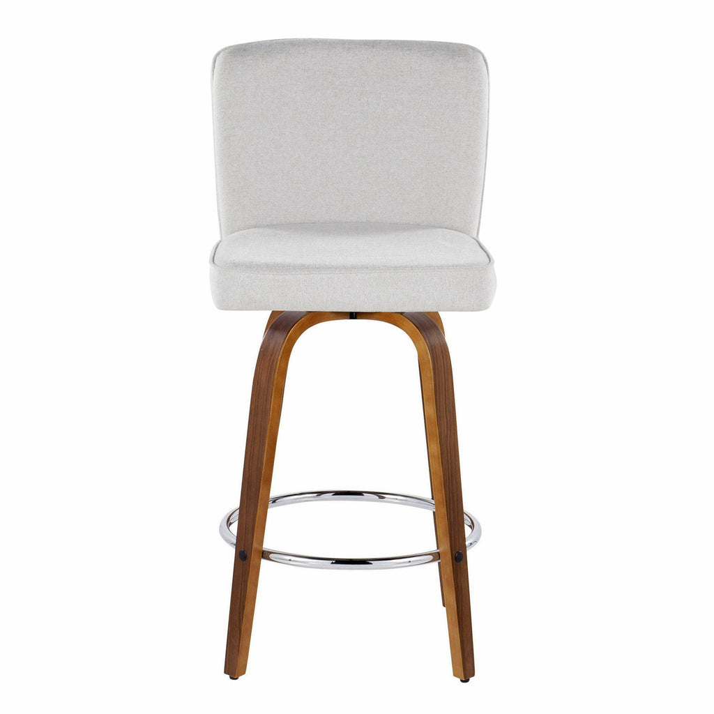 Henry 26" Fixed-Height Counter Stool - Set of 2 - Walnut Wood, White Fabric, Chrome Metal