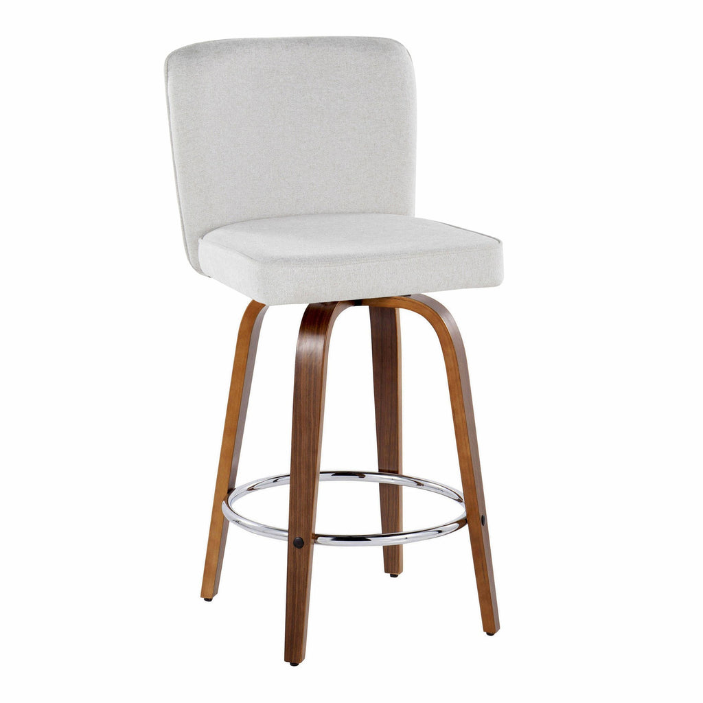 Henry 26" Fixed-Height Counter Stool - Set of 2 - Walnut Wood, White Fabric, Chrome Metal