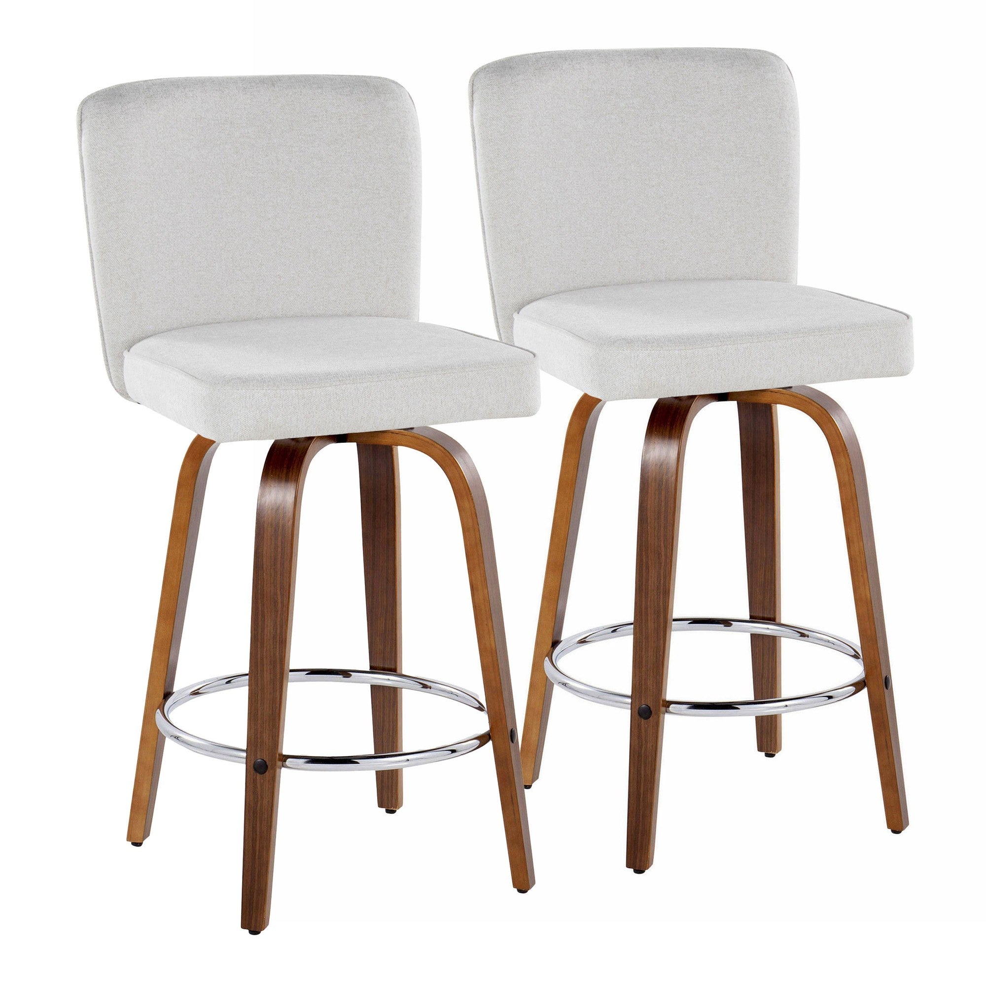 Henry 26" Fixed-Height Counter Stool - Set of 2 - Walnut Wood, White Fabric, Chrome Metal