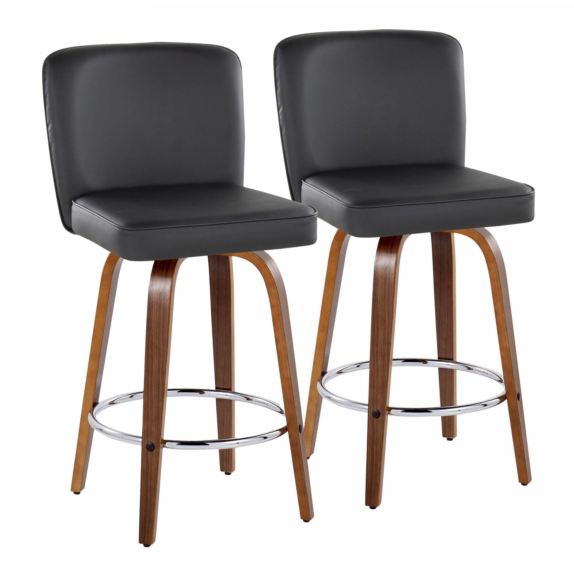 Henry 26" Fixed-Height Counter Stool - Set of 2 - Walnut Wood, Black PU, Chrome Metal