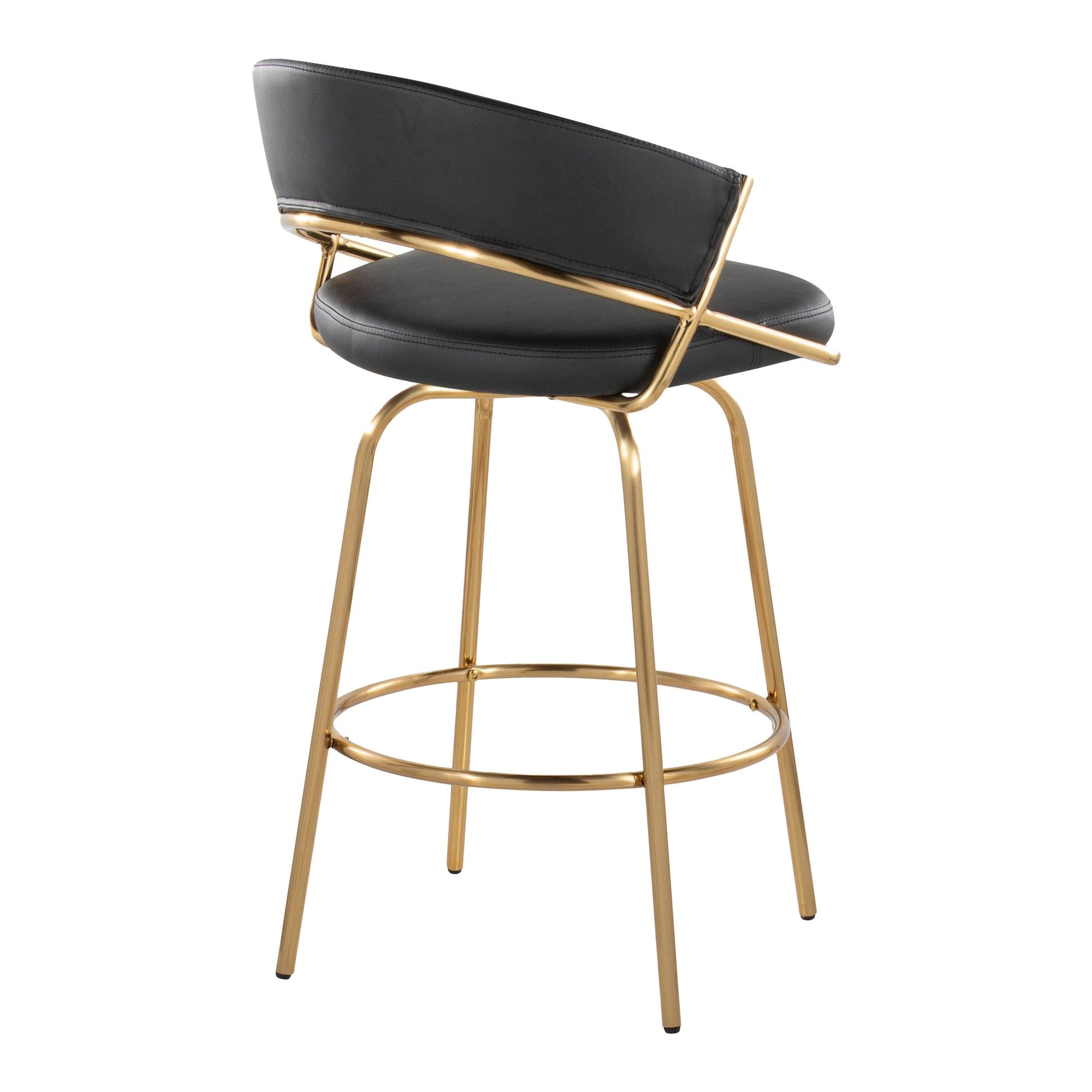 Jie Fixed-Height Counter Stool - Set of 2 - Gold Metal, Black PU