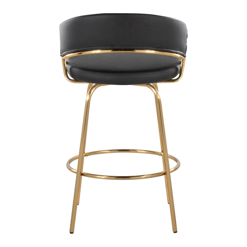 Jie Fixed-Height Counter Stool - Set of 2 - Gold Metal, Black PU