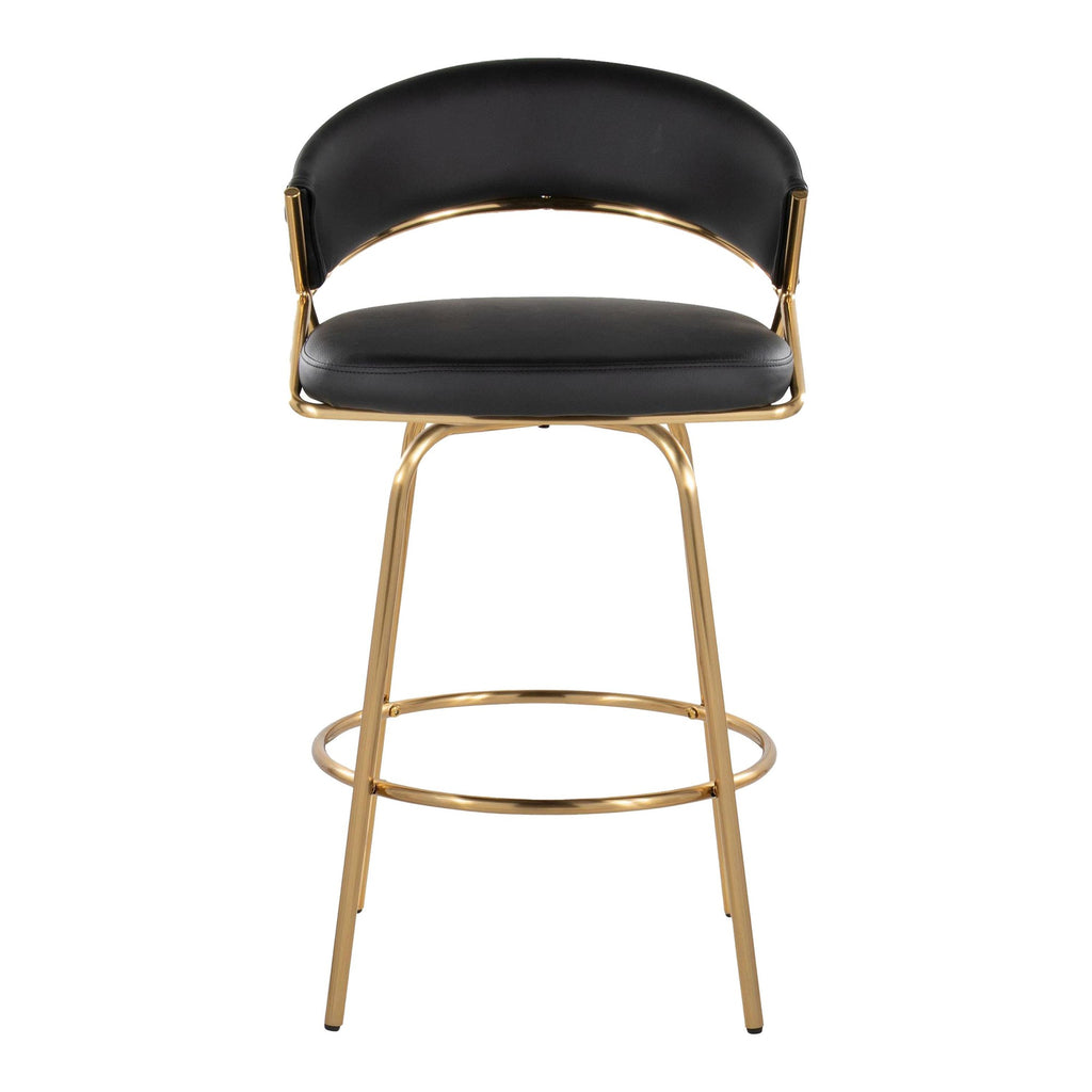 Jie Fixed-Height Counter Stool - Set of 2 - Gold Metal, Black PU