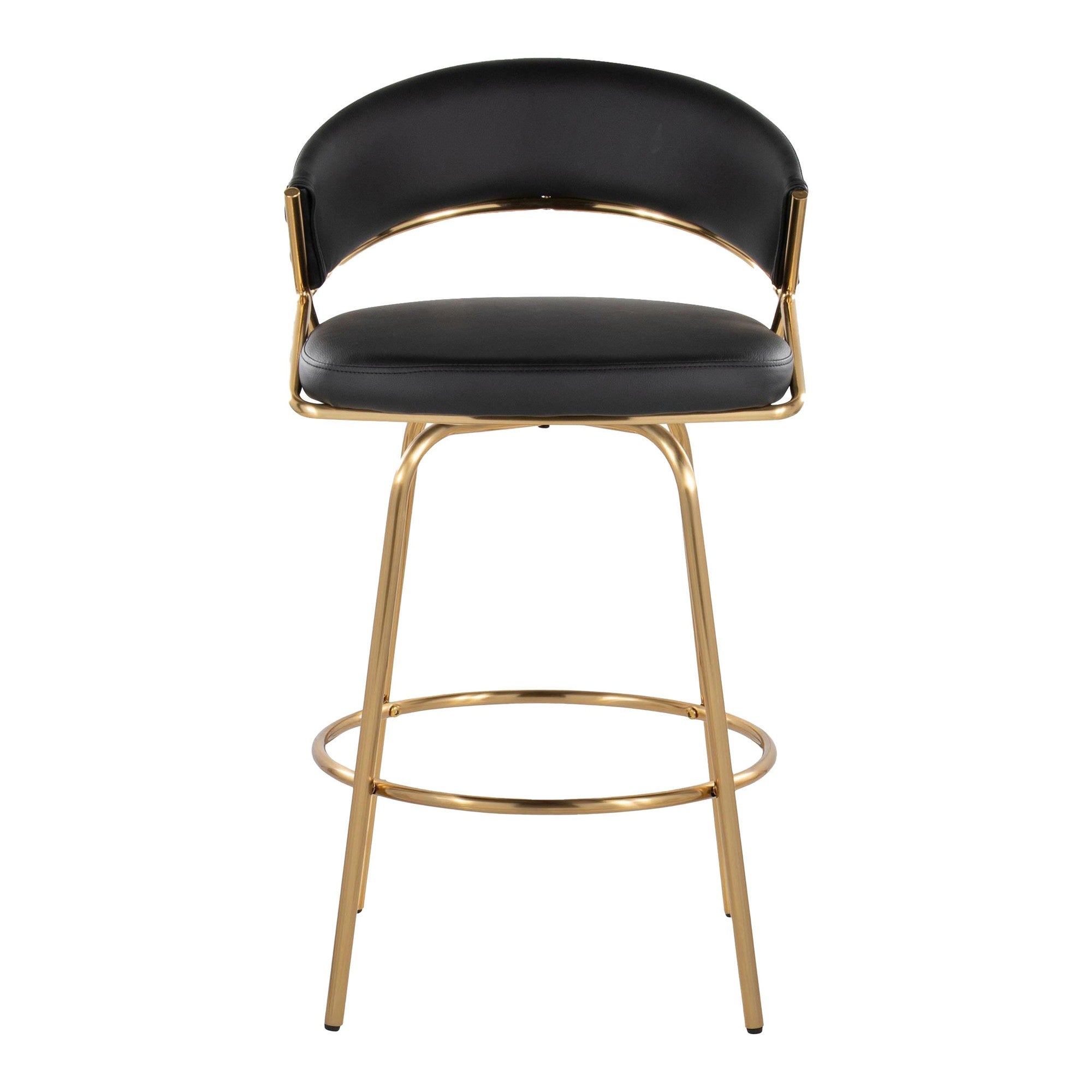 Jie Fixed-Height Counter Stool - Set of 2 - Gold Metal, Black PU