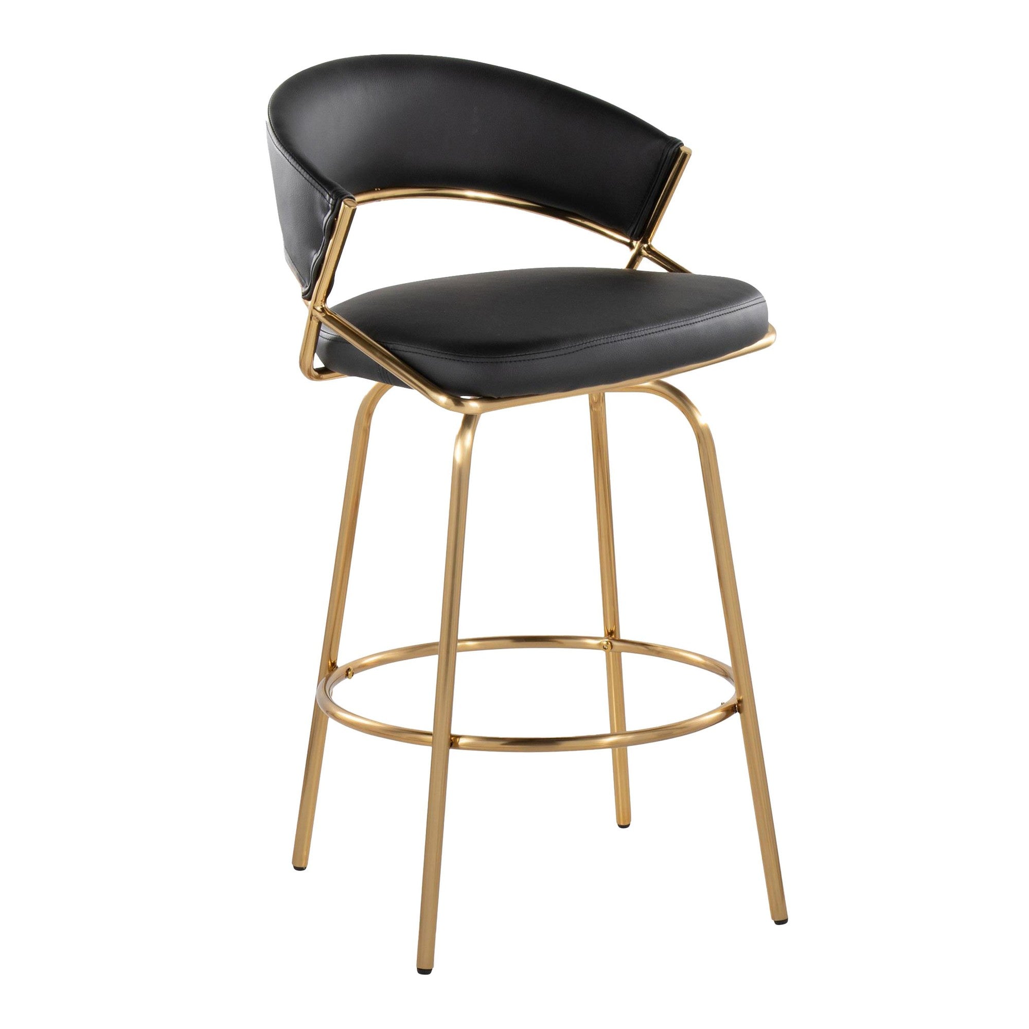 Jie Fixed-Height Counter Stool - Set of 2 - Gold Metal, Black PU