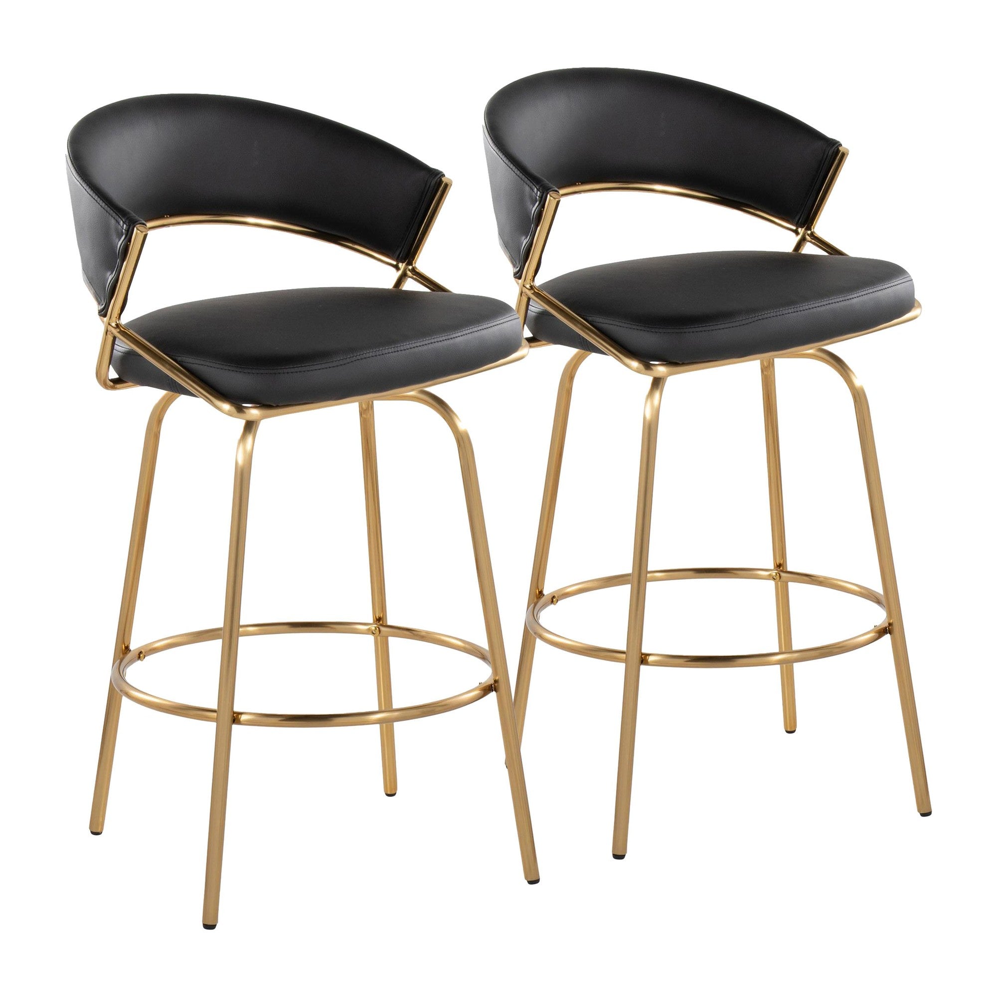 Jie Fixed-Height Counter Stool - Set of 2 - Gold Metal, Black PU