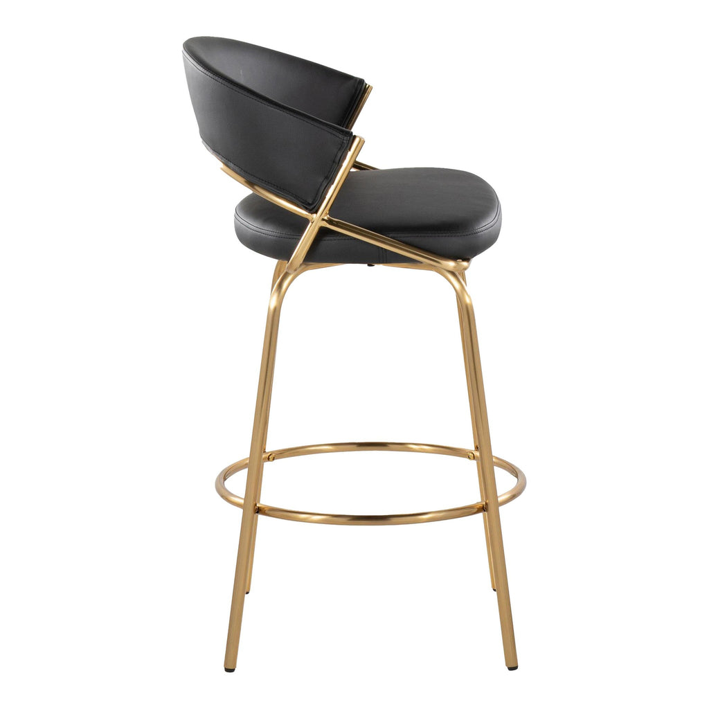 Jie Fixed-Height Counter Stool - Set of 2 - Gold Metal, Black PU