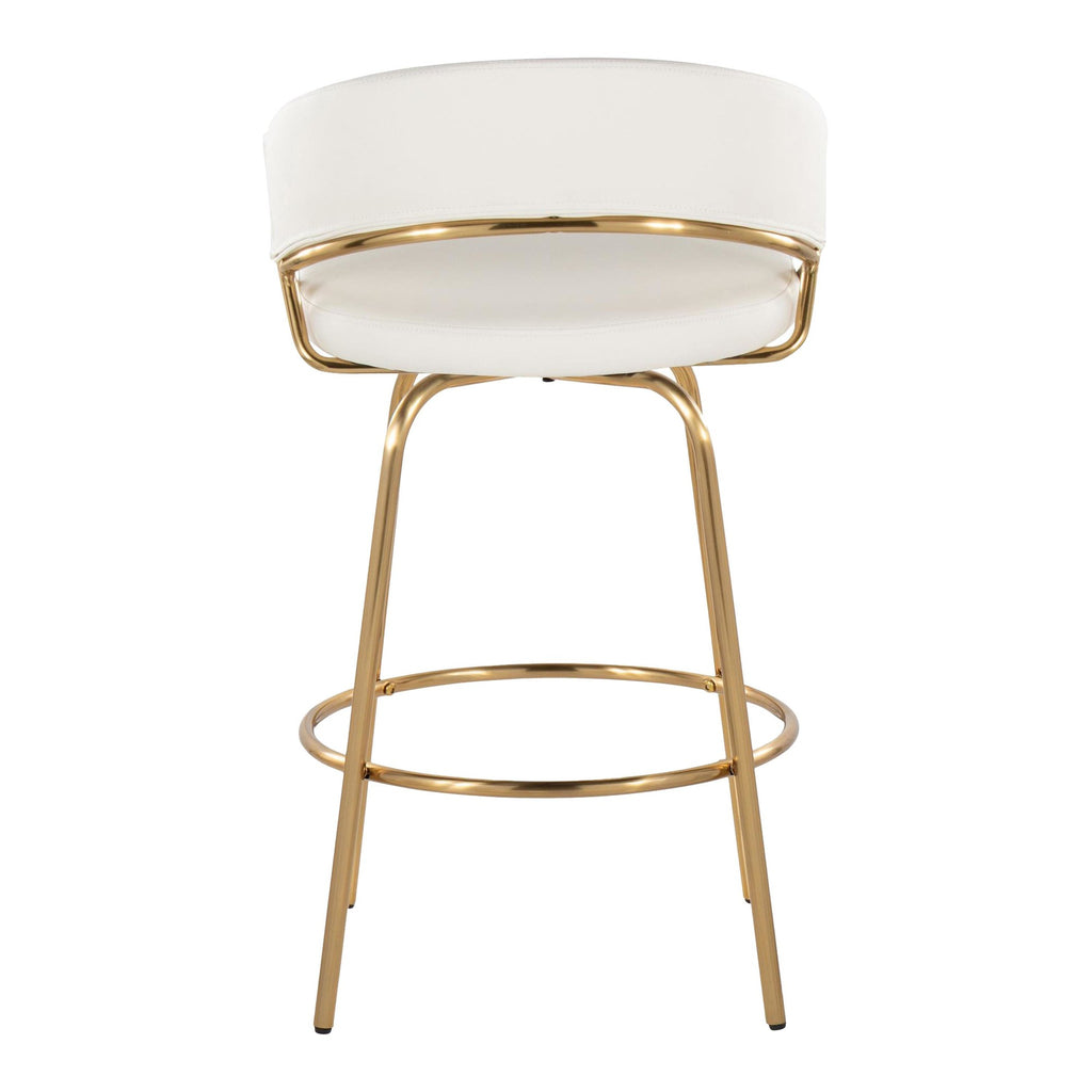 Jie Fixed-Height Counter Stool - Set of 2 - Gold Metal, White PU