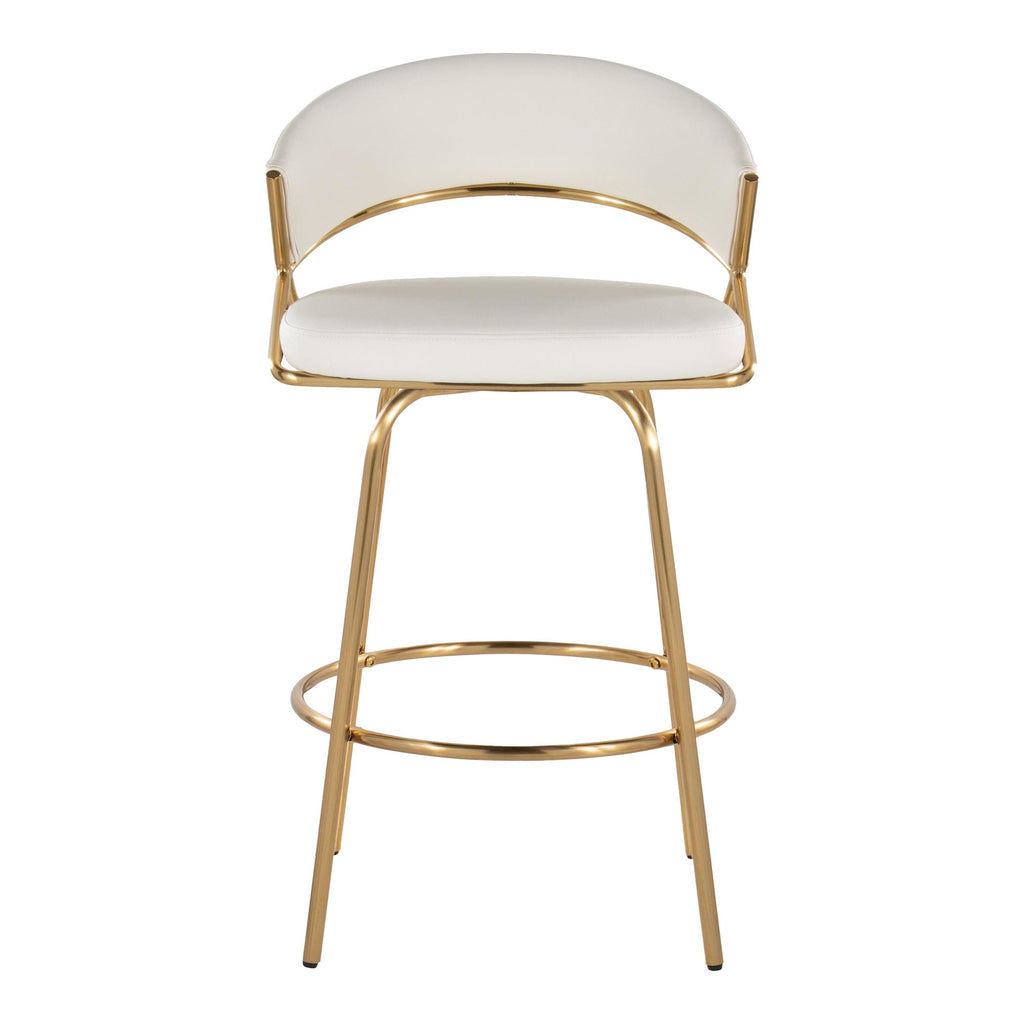 Jie Fixed-Height Counter Stool - Set of 2 - Gold Metal, White PU