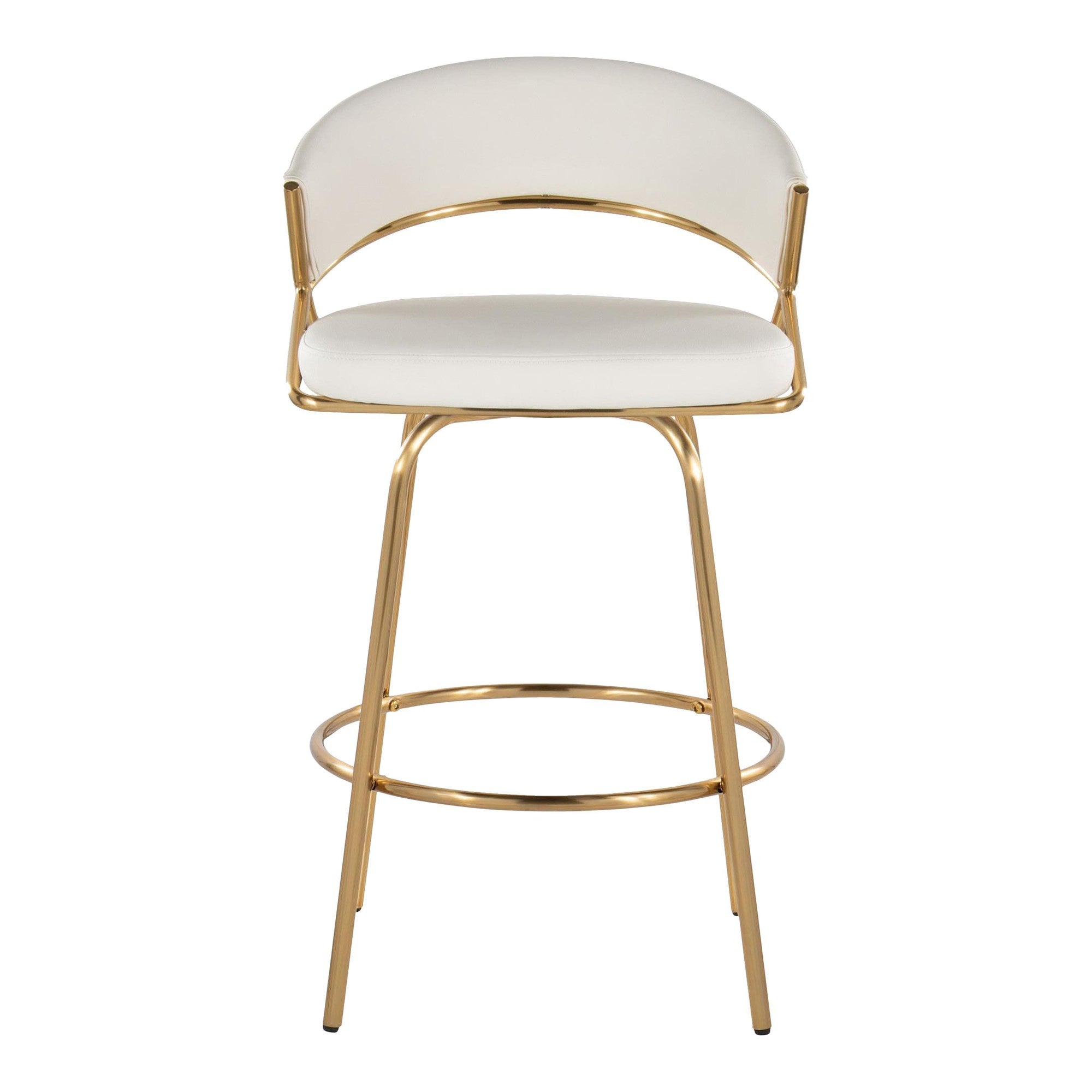 Jie Fixed-Height Counter Stool - Set of 2 - Gold Metal, White PU