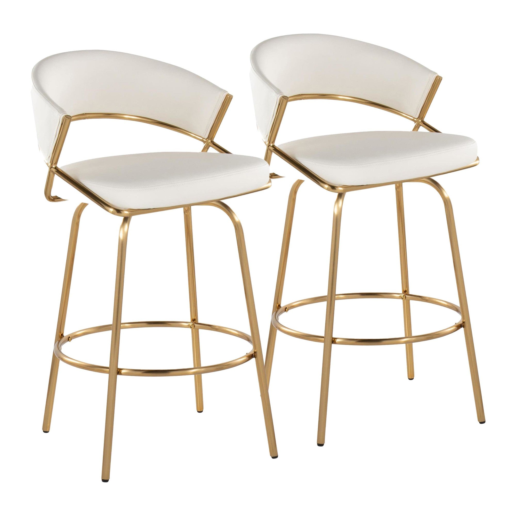 Jie Fixed-Height Counter Stool - Set of 2 - Gold Metal, White PU