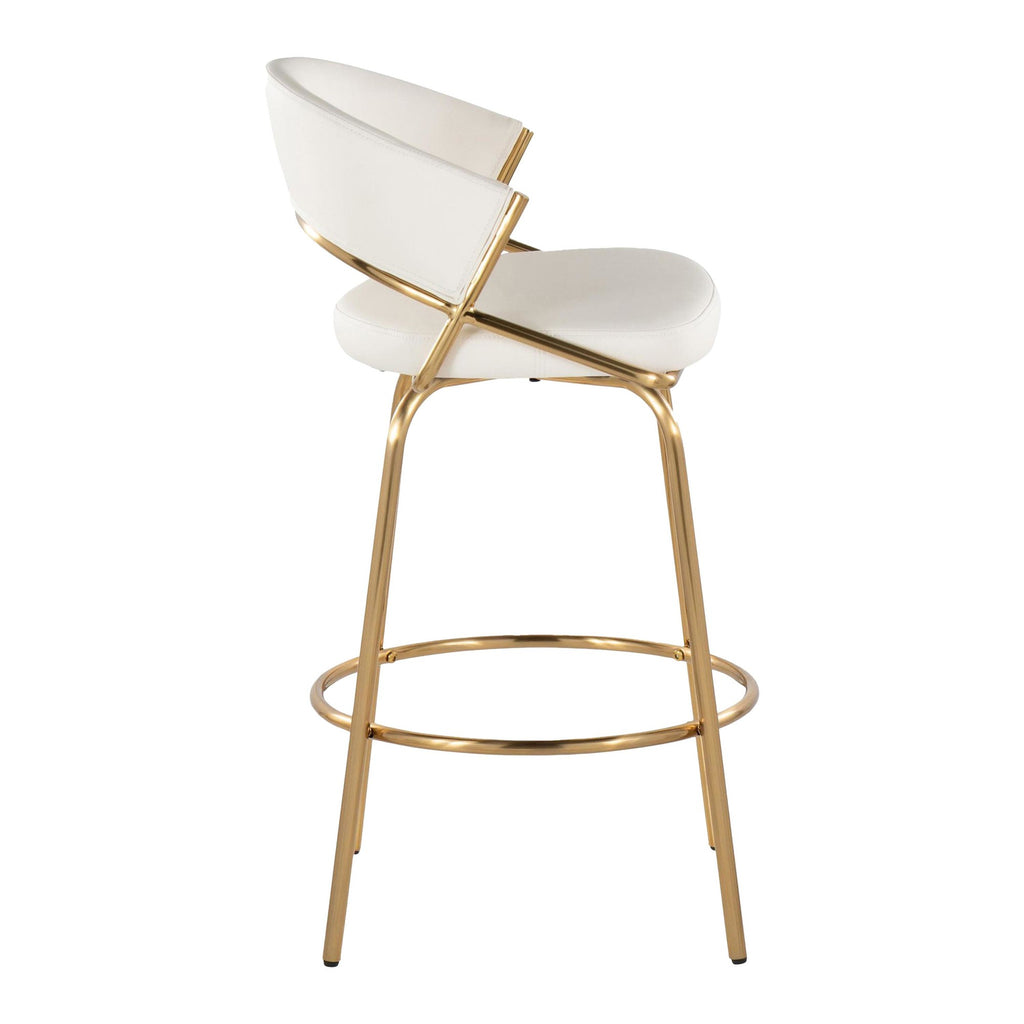 Jie Fixed-Height Counter Stool - Set of 2 - Gold Metal, White PU