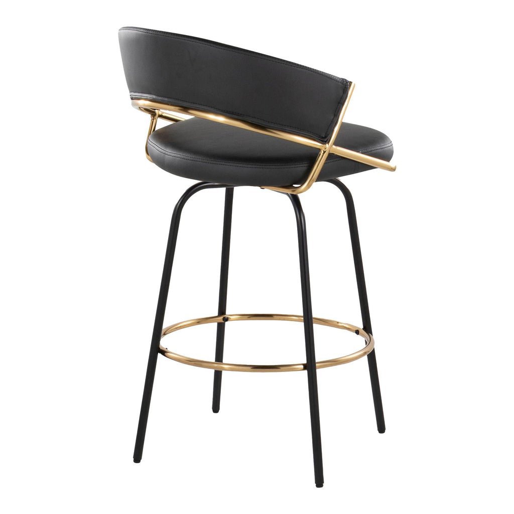 Jie 26" Fixed-Height Counter Stool - Set of 2 - Black Metal, Gold Metal, Black PU