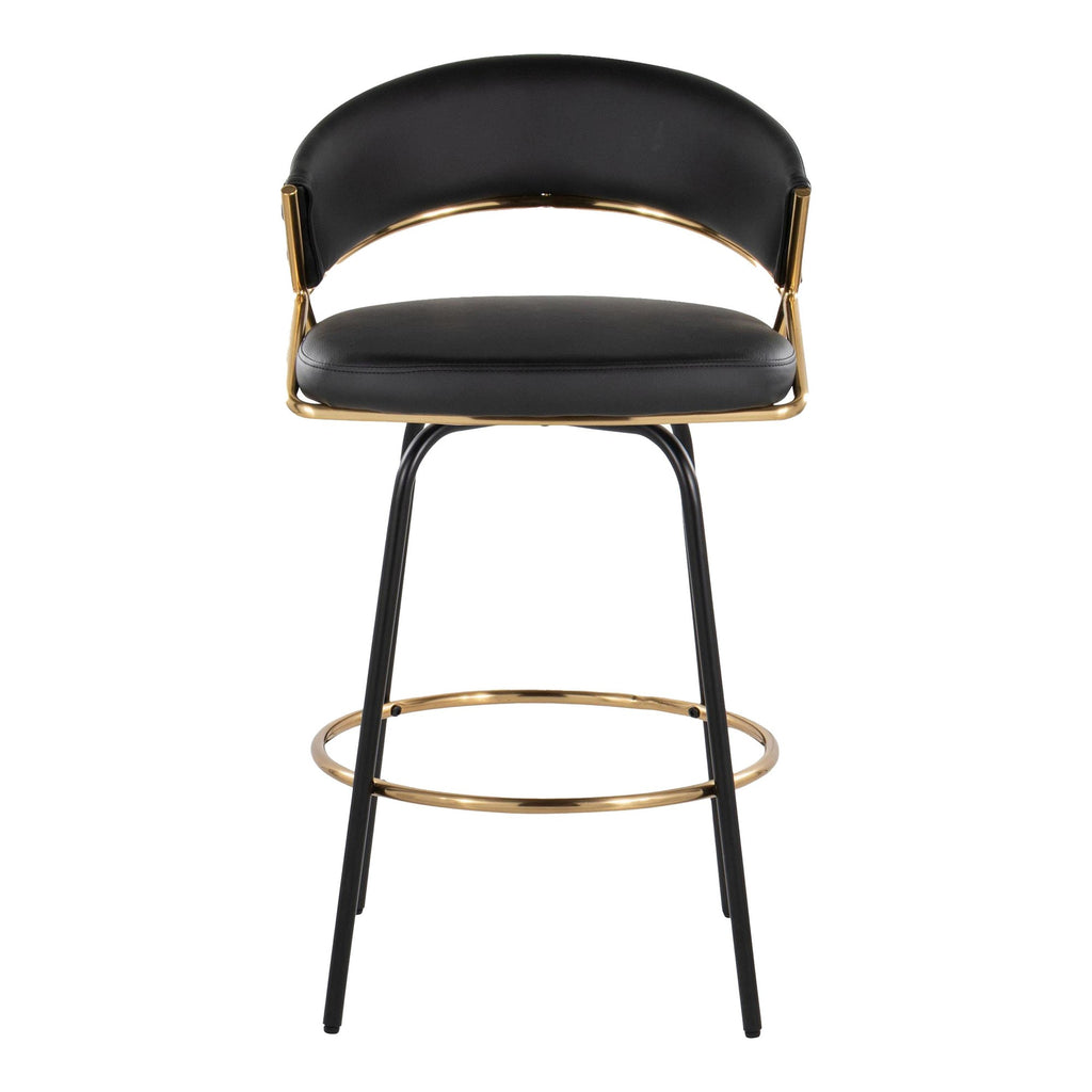 Jie 26" Fixed-Height Counter Stool - Set of 2 - Black Metal, Gold Metal, Black PU