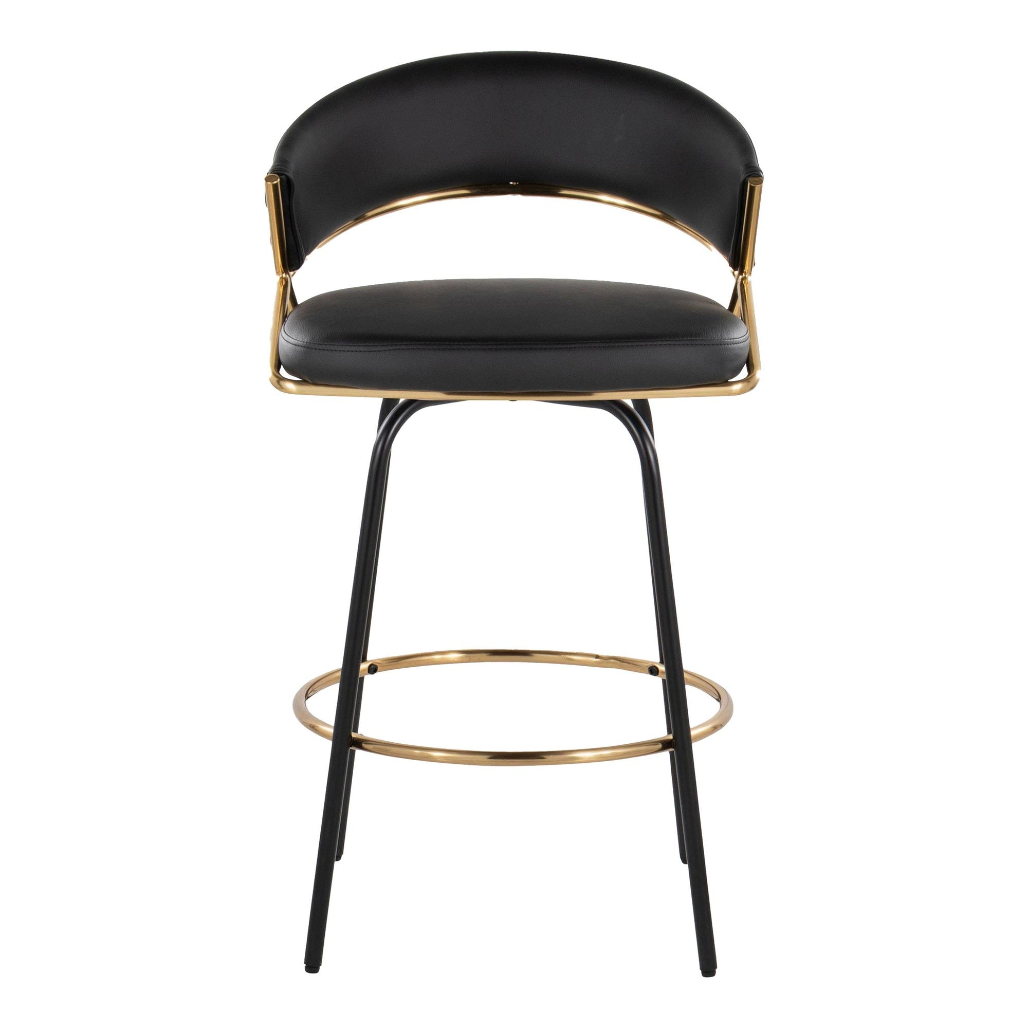 Jie 26" Fixed-Height Counter Stool - Set of 2 - Black Metal, Gold Metal, Black PU