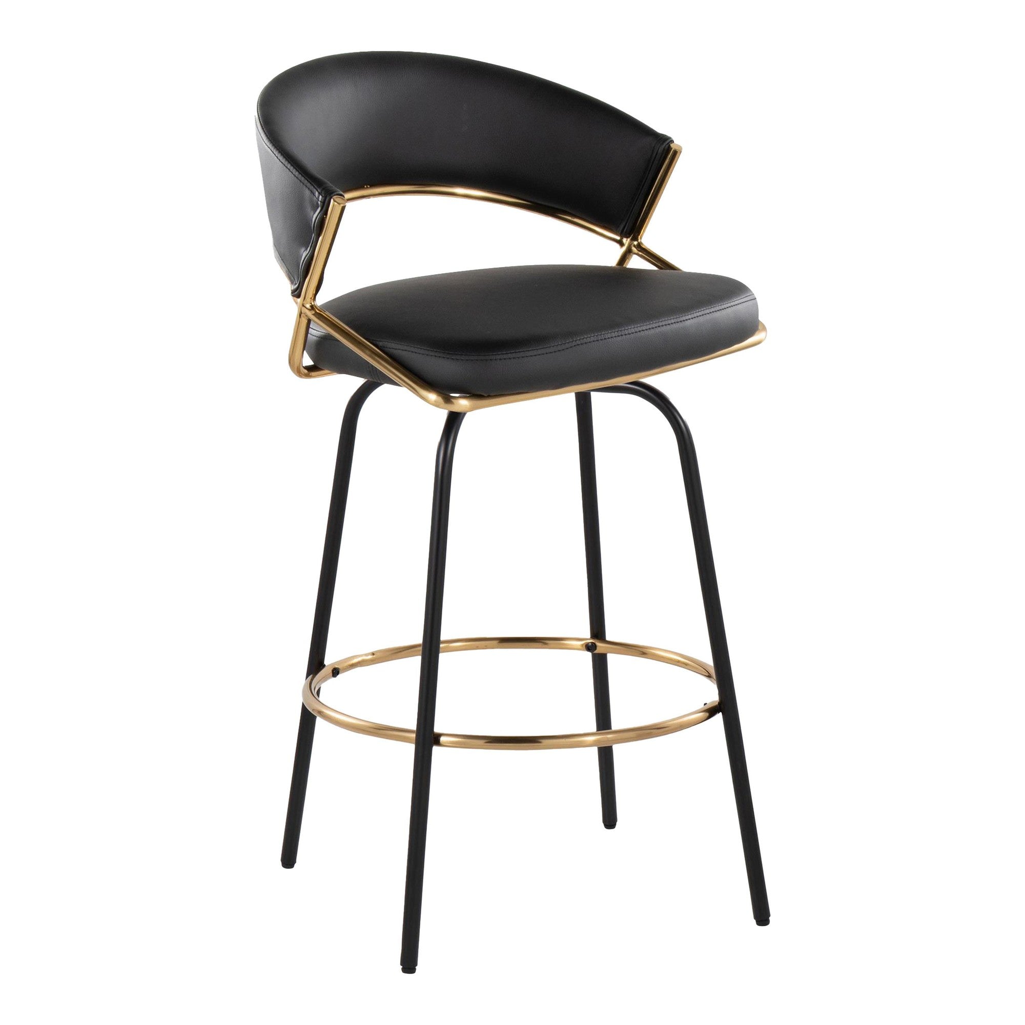Jie 26" Fixed-Height Counter Stool - Set of 2 - Black Metal, Gold Metal, Black PU