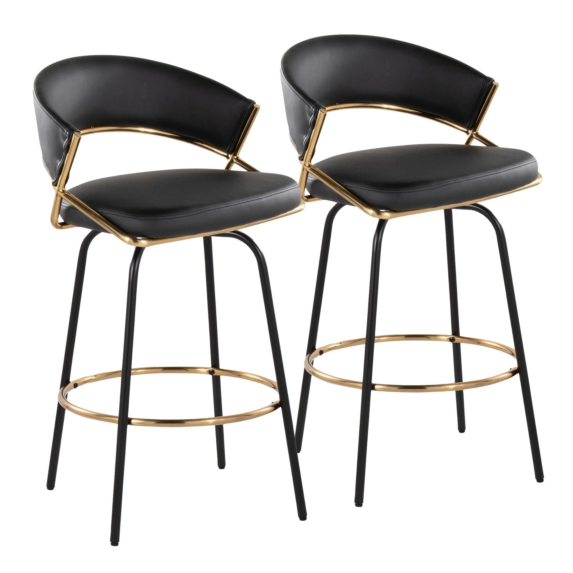 Jie 26" Fixed-Height Counter Stool - Set of 2 - Black Metal, Gold Metal, Black PU
