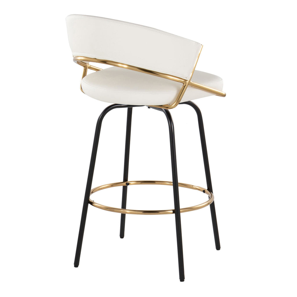 Jie 26" Fixed-Height Counter Stool - Set of 2 - Black Metal, Gold Metal, White PU