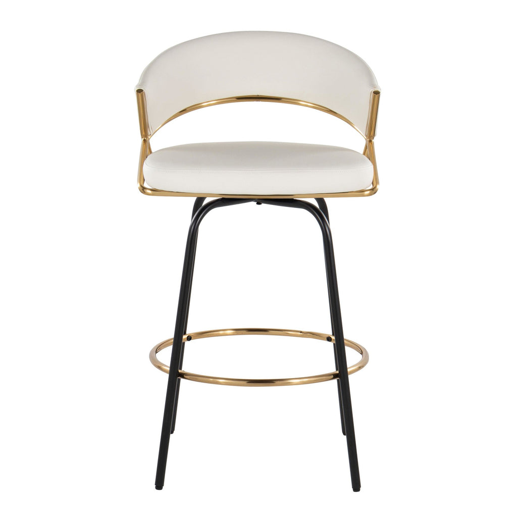 Jie 26" Fixed-Height Counter Stool - Set of 2 - Black Metal, Gold Metal, White PU