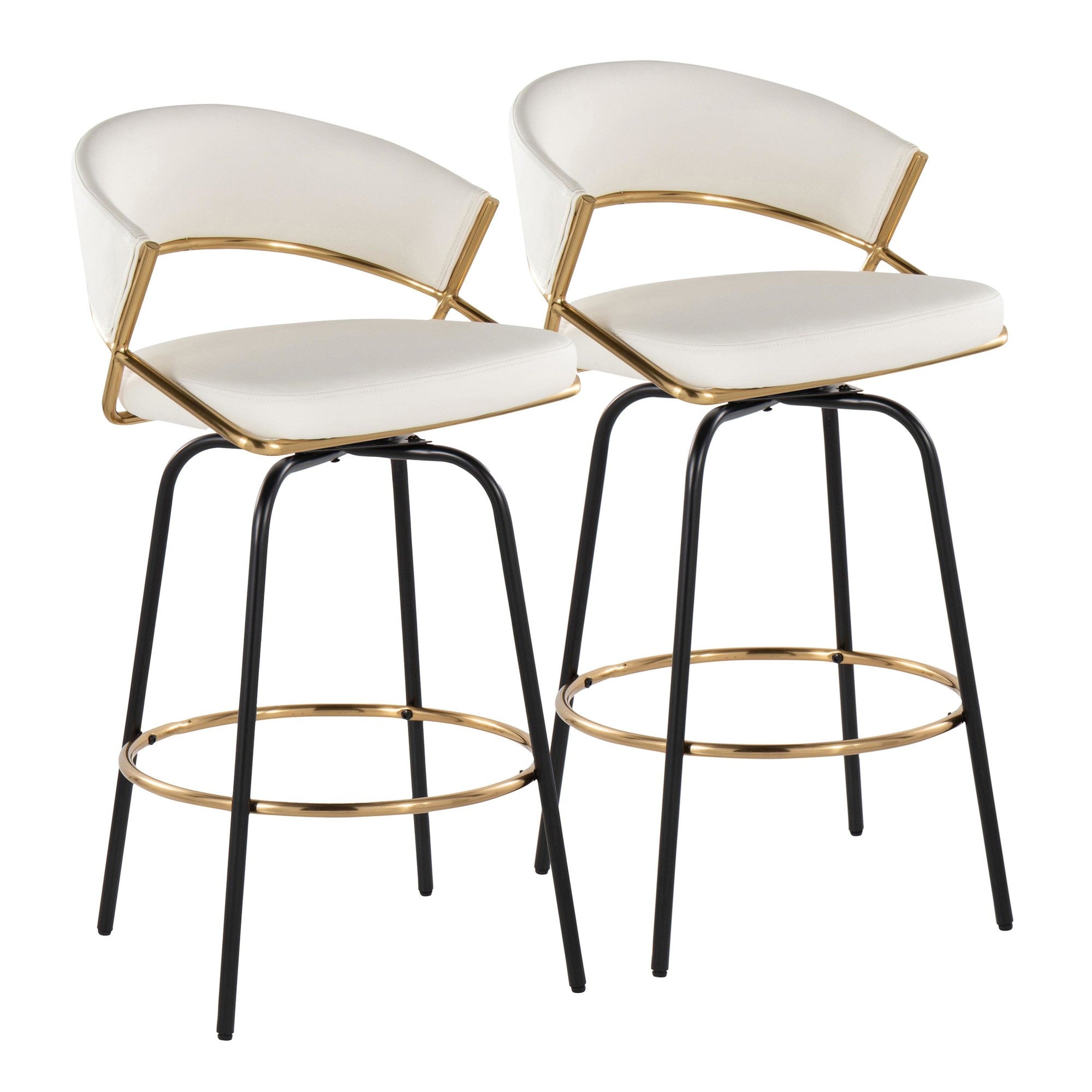 Jie 26" Fixed-Height Counter Stool - Set of 2 - Black Metal, Gold Metal, White PU