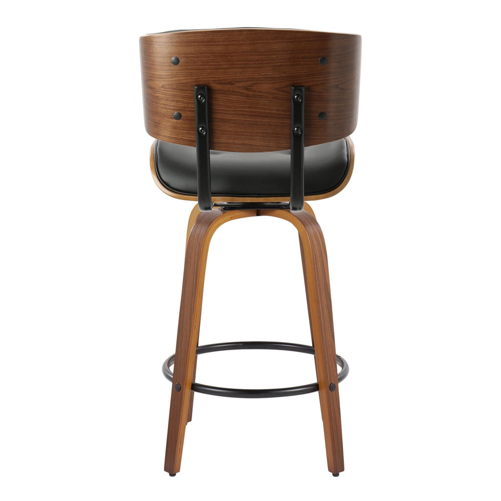 Lombardi 26" Fixed-Height Counter Stool - Set of 2 - Walnut Wood, Black Metal, Black PU