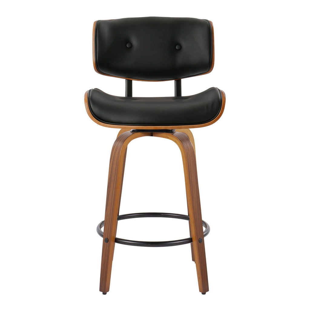 Lombardi 26" Fixed-Height Counter Stool - Set of 2 - Walnut Wood, Black Metal, Black PU