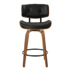 Lombardi 26" Fixed-Height Counter Stool - Set of 2 - Walnut Wood, Black Metal, Black PU