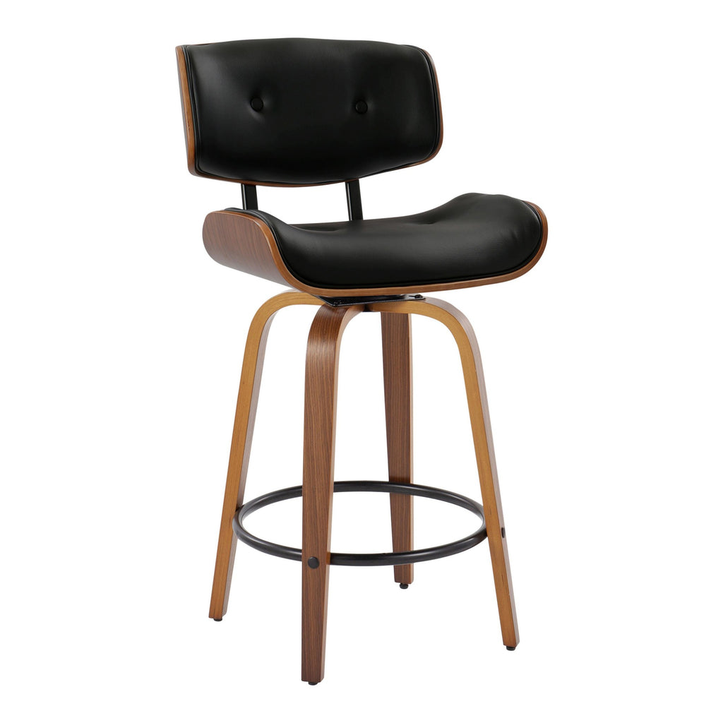 Lombardi 26" Fixed-Height Counter Stool - Set of 2 - Walnut Wood, Black Metal, Black PU