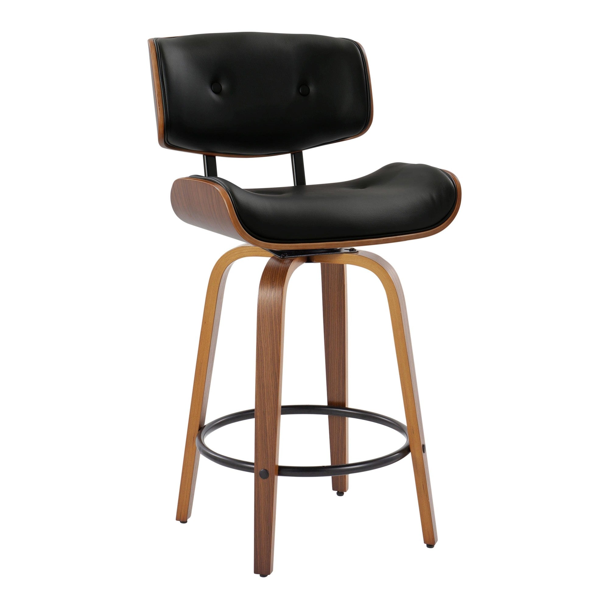 Lombardi 26" Fixed-Height Counter Stool - Set of 2 - Walnut Wood, Black Metal, Black PU