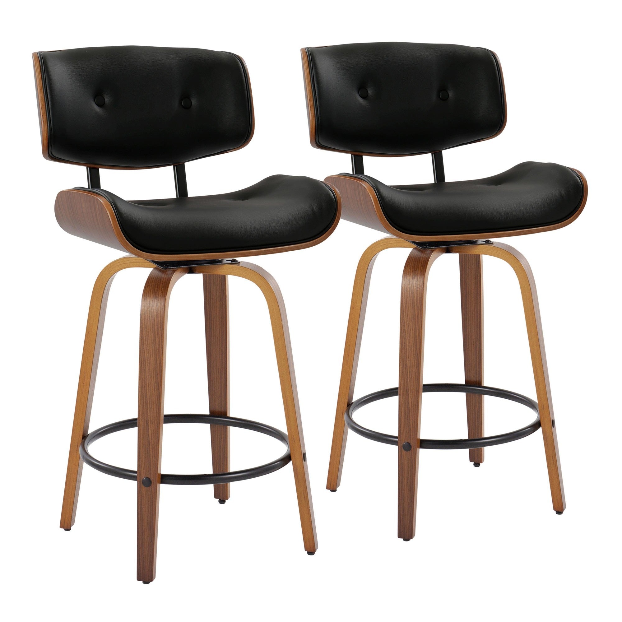 Lombardi 26" Fixed-Height Counter Stool - Set of 2 - Walnut Wood, Black Metal, Black PU