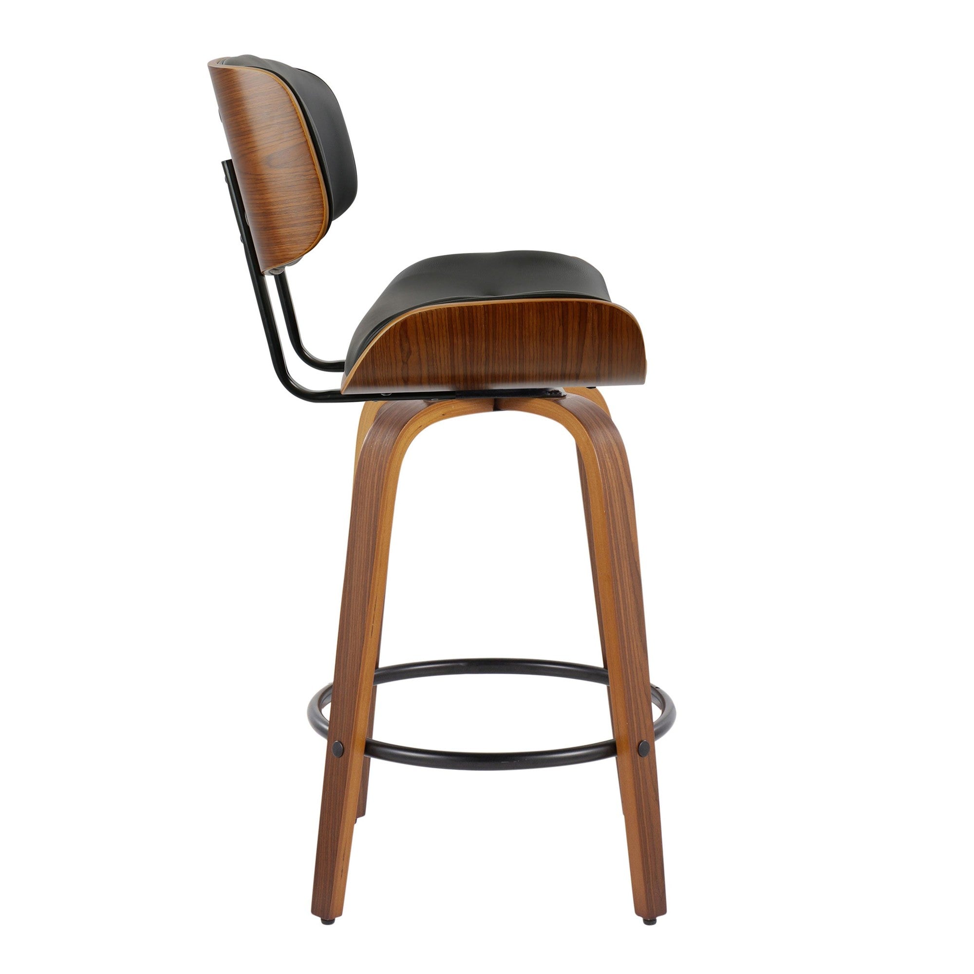 Lombardi 26" Fixed-Height Counter Stool - Set of 2 - Walnut Wood, Black Metal, Black PU