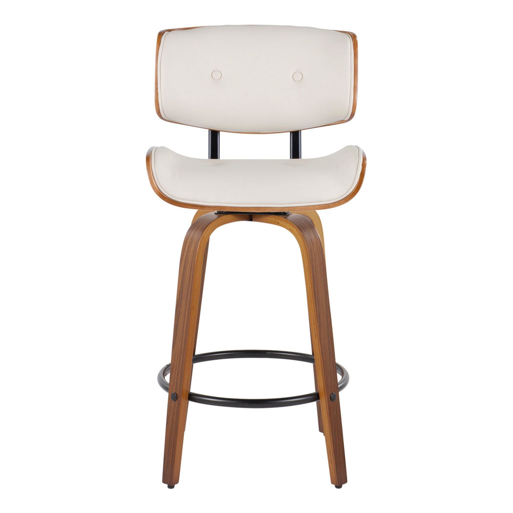 Lombardi 26" Fixed-Height Counter Stool - Set of 2 - Walnut Wood, Black Metal, Cream PU