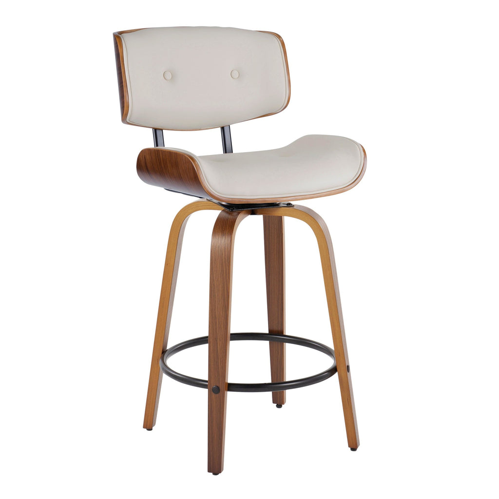 Lombardi 26" Fixed-Height Counter Stool - Set of 2 - Walnut Wood, Black Metal, Cream PU
