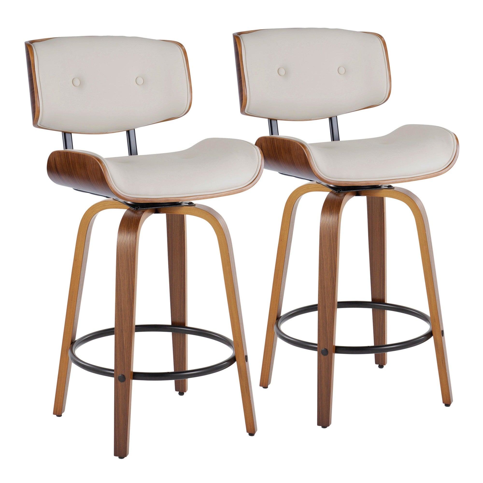 Lombardi 26" Fixed-Height Counter Stool - Set of 2 - Walnut Wood, Black Metal, Cream PU