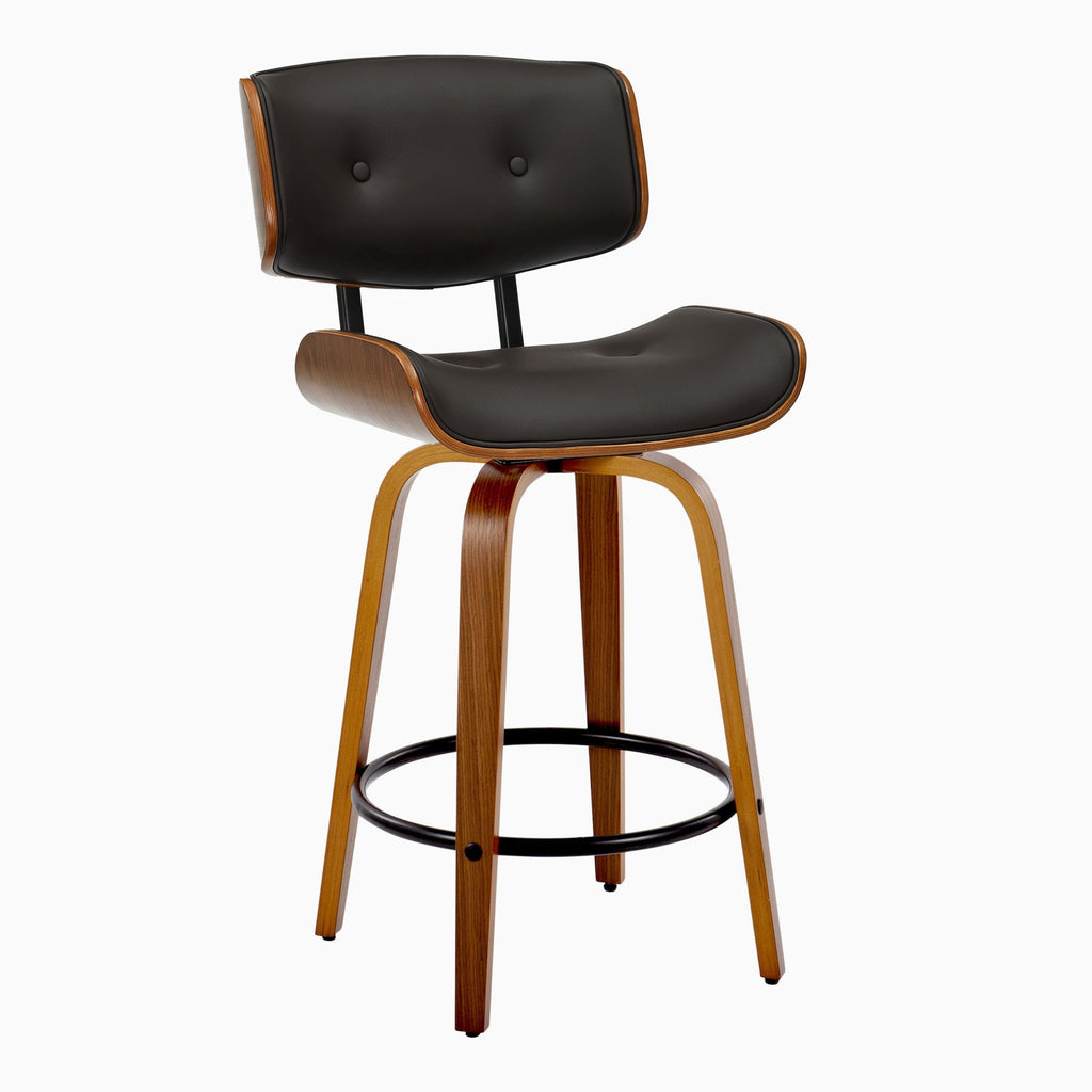 Lombardi 26" Fixed-Height Counter Stool - Set of 2 - Walnut Wood, Espresso PU, Black Metal