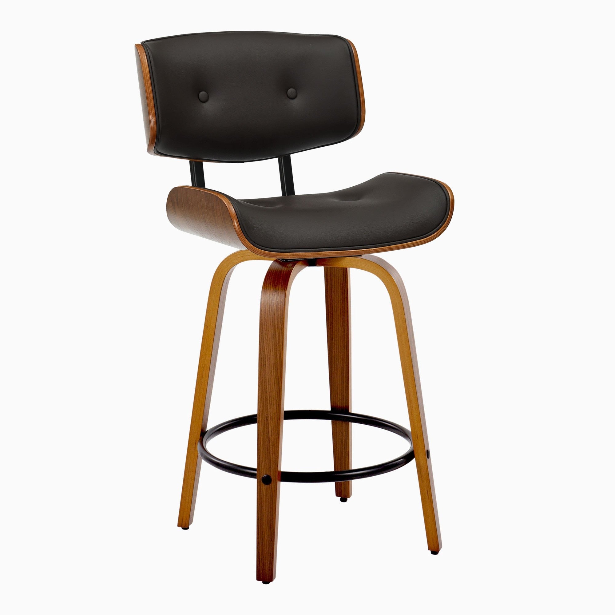 Lombardi 26" Fixed-Height Counter Stool - Set of 2 - Walnut Wood, Espresso PU, Black Metal