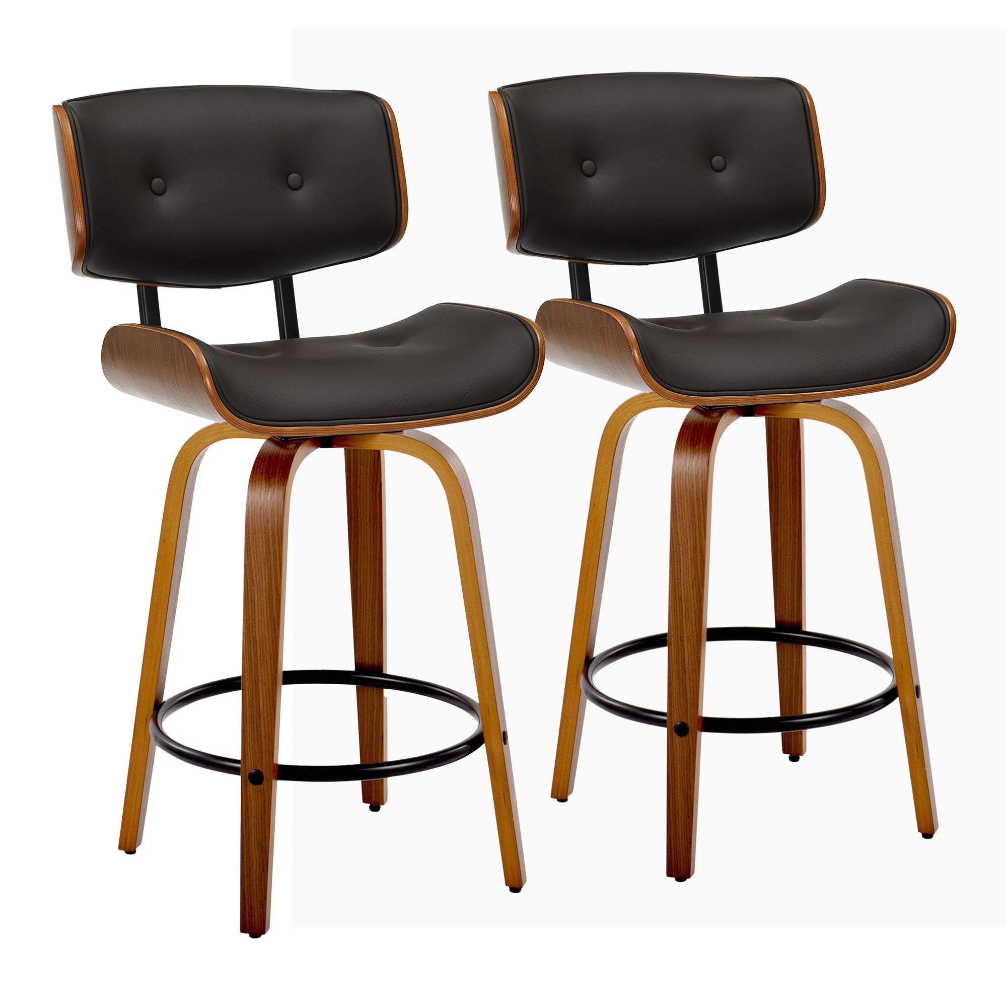 Lombardi 26" Fixed-Height Counter Stool - Set of 2 - Walnut Wood, Espresso PU, Black Metal